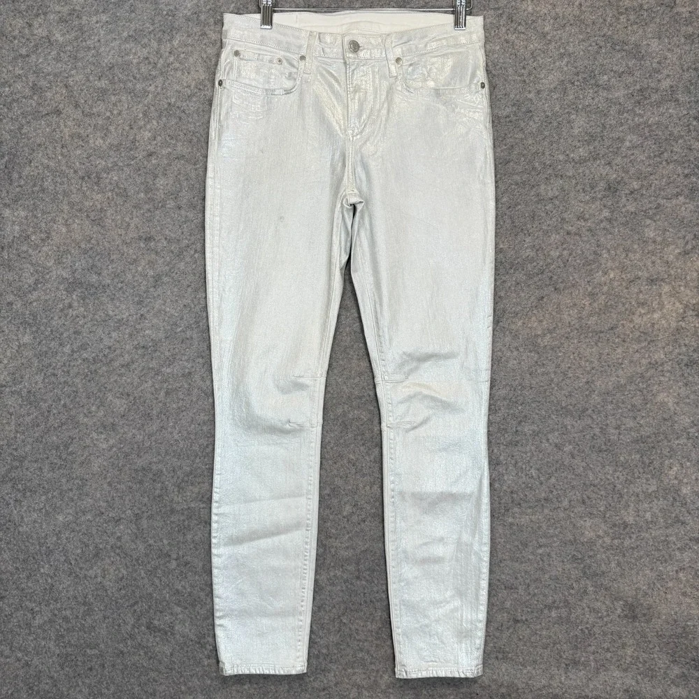 Helmut Lang Ankle Metallic Shiny‎ Glossy Coated Jeans Womens 28 Pants Silver NEW